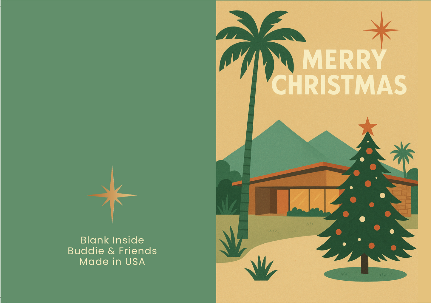 Christmas card with a tropical scene featuring a palm tree, house, and Christmas tree, with 'Merry Christmas' text.