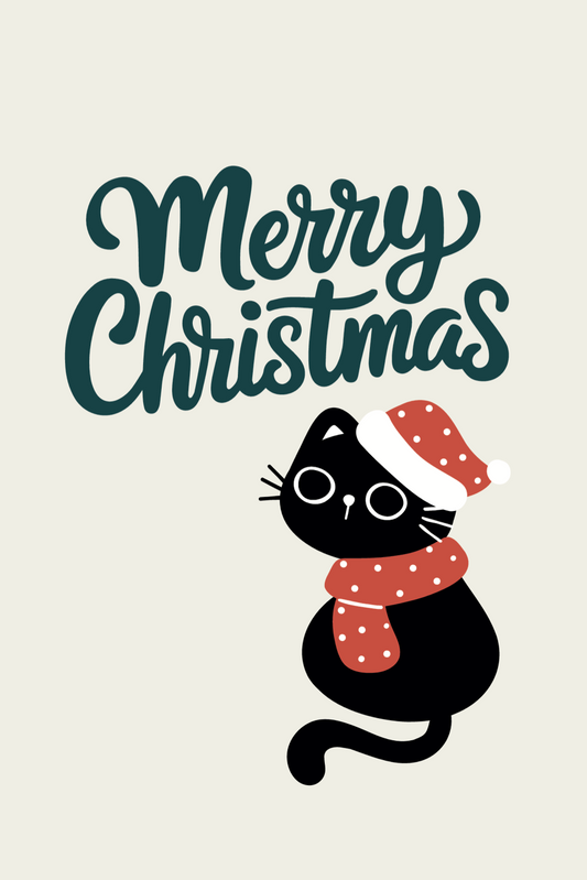 Black cat in Santa hat and scarf with Merry Christmas written in cursive on a plain background