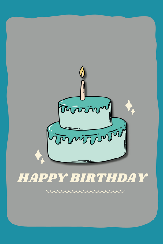 Illustration of a birthday cake with a candle on a gray background