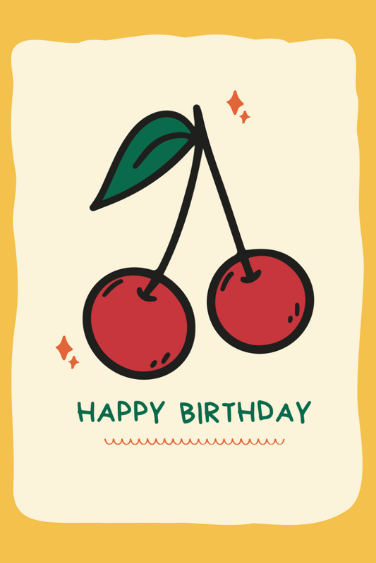 Happy Birthday card with two cherries on a beige background