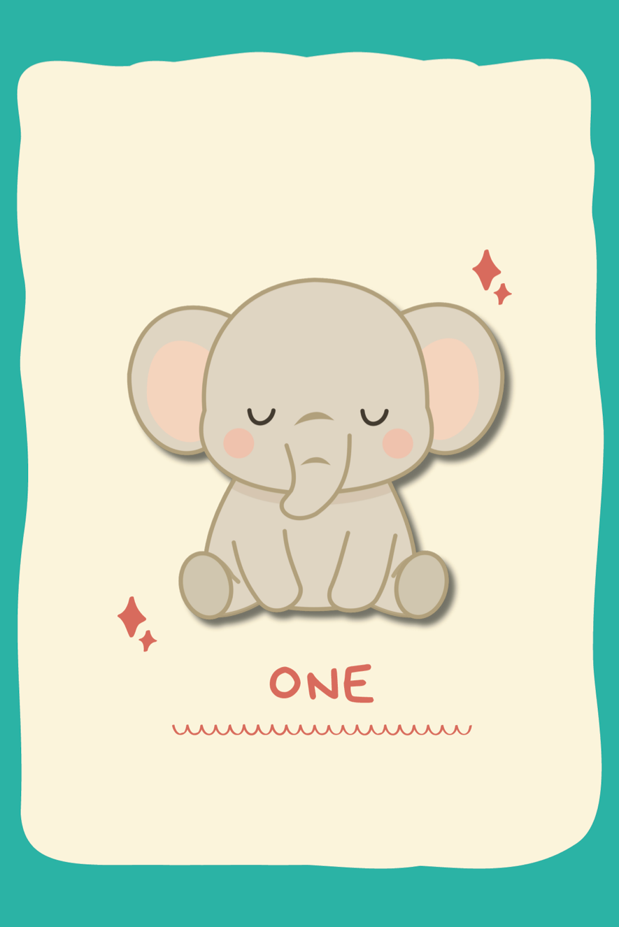 Card with a cute elephant illustration and the word 'ONE' on a teal background