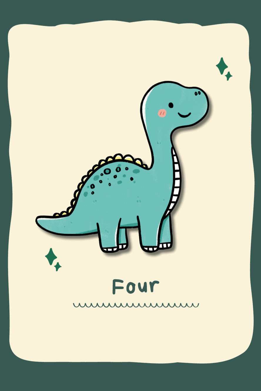 Cartoon dinosaur on a card with the number 'Four' on a dark green background