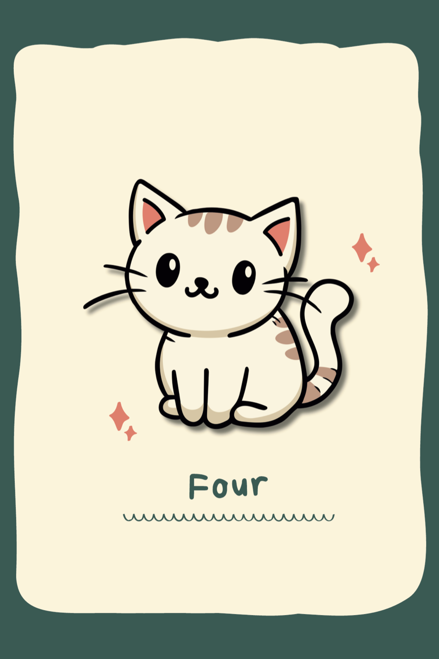 Illustration of a cute cat on a beige background with the number 'Four' below it.