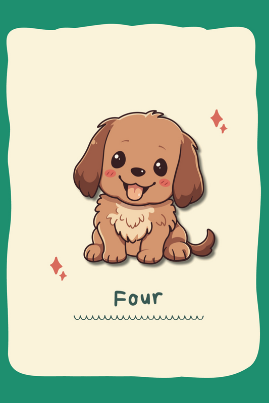 Cartoon dog on a card with the number 'Four' on a green background