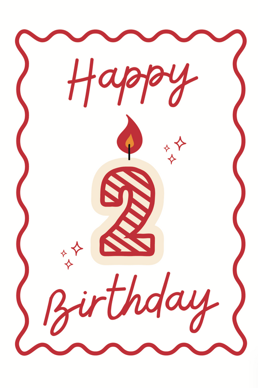 Red and white second happy birthday card with lit 2 candle