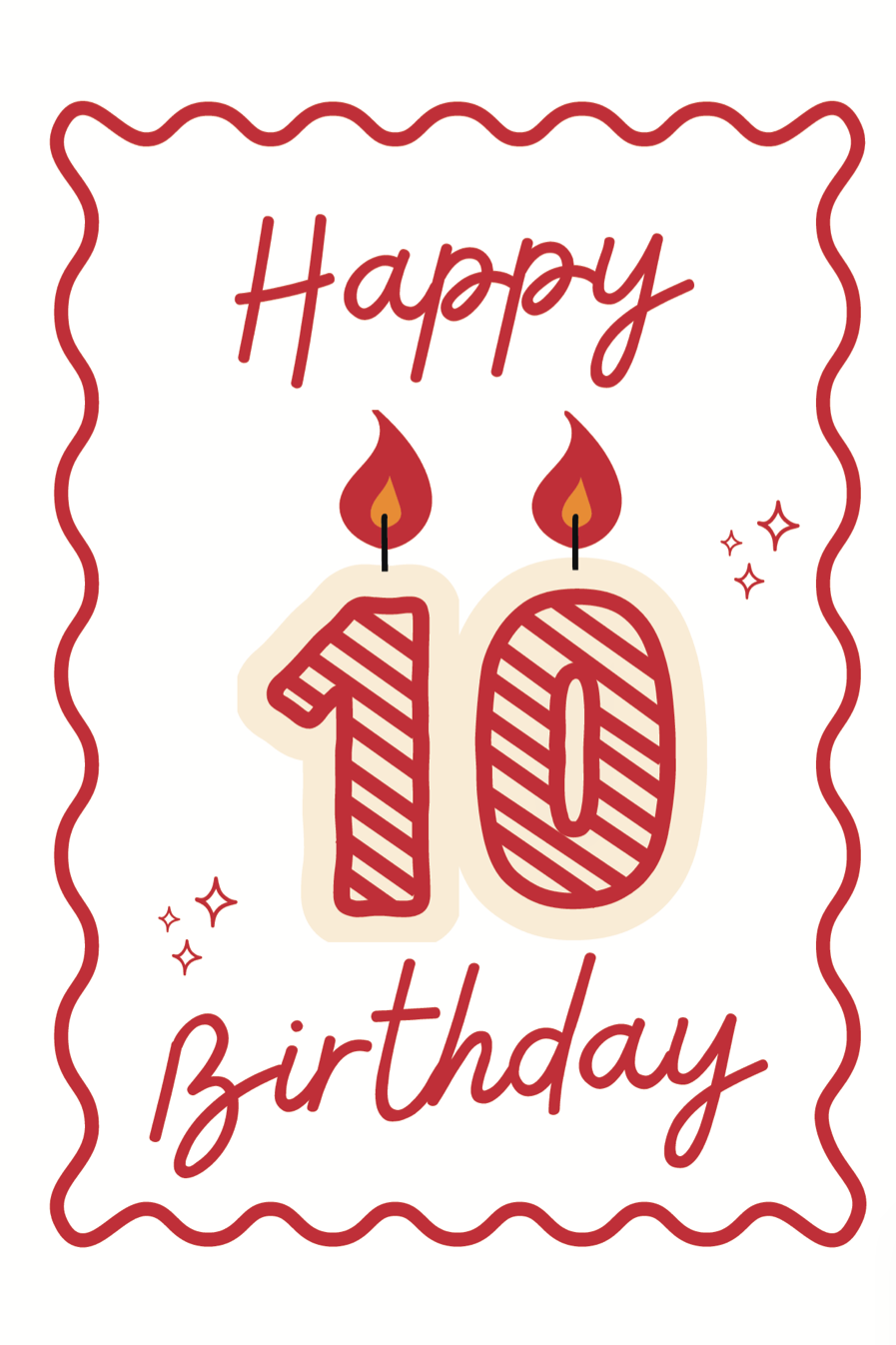 Happy 10th birthday card with candles on a white background