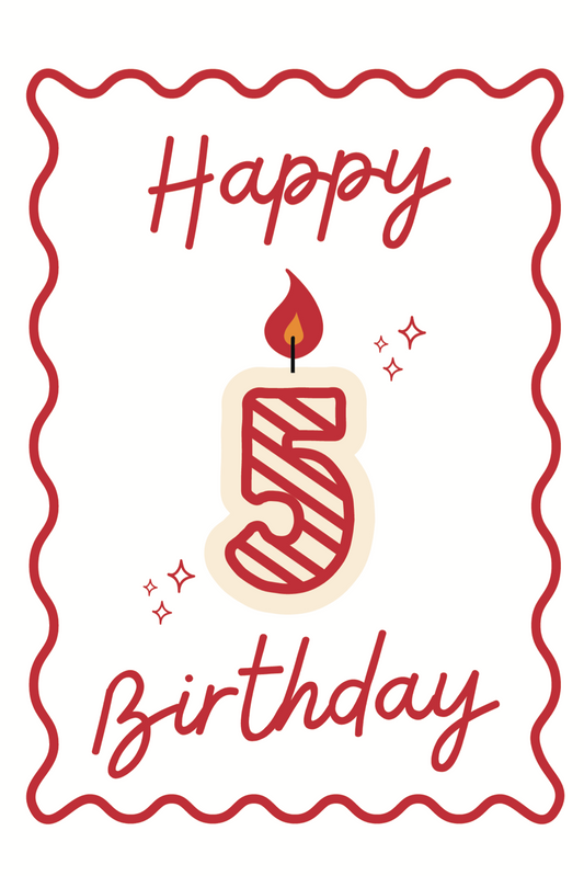 Happy 5th birthday card with a candle and decorative border on a white background