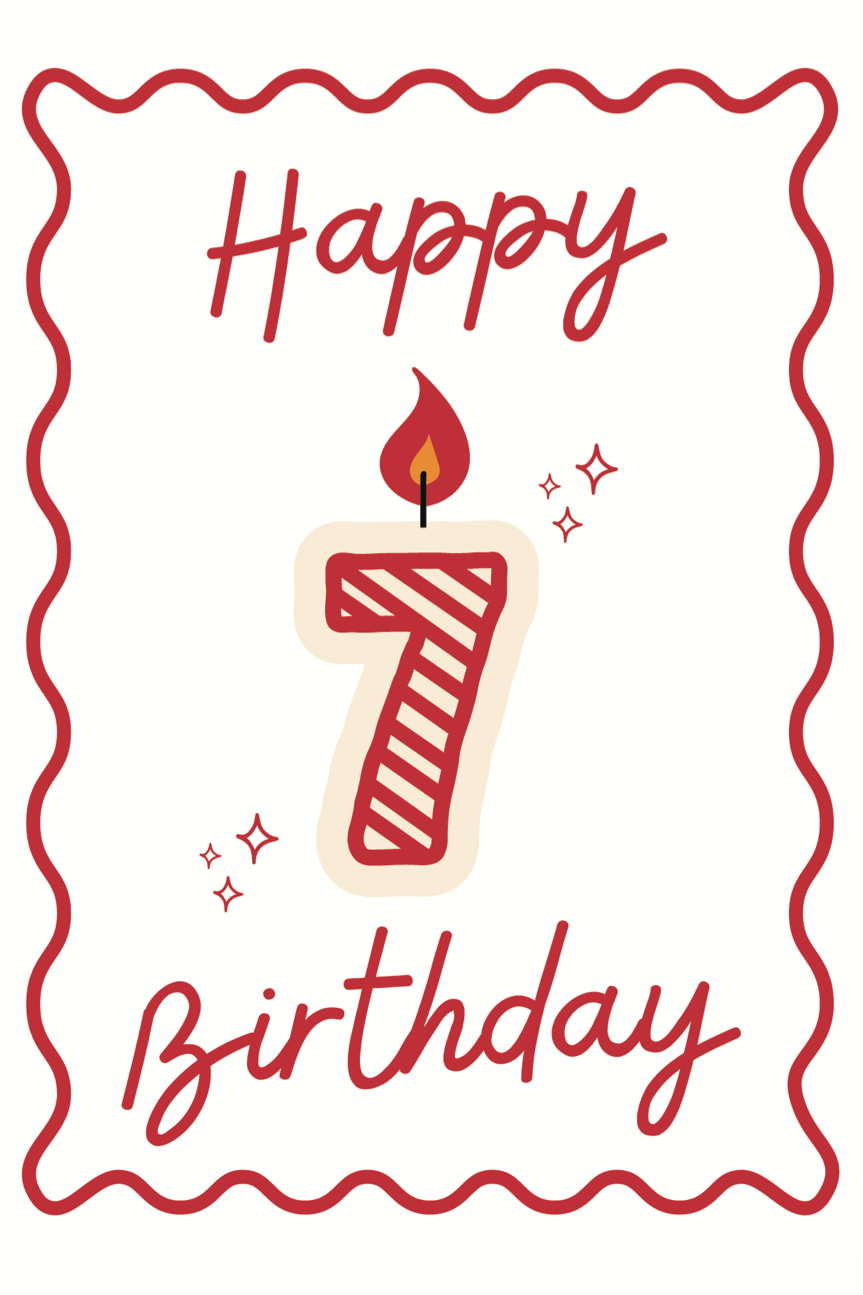 Happy 7th birthday card with a number 7 candle on a white background