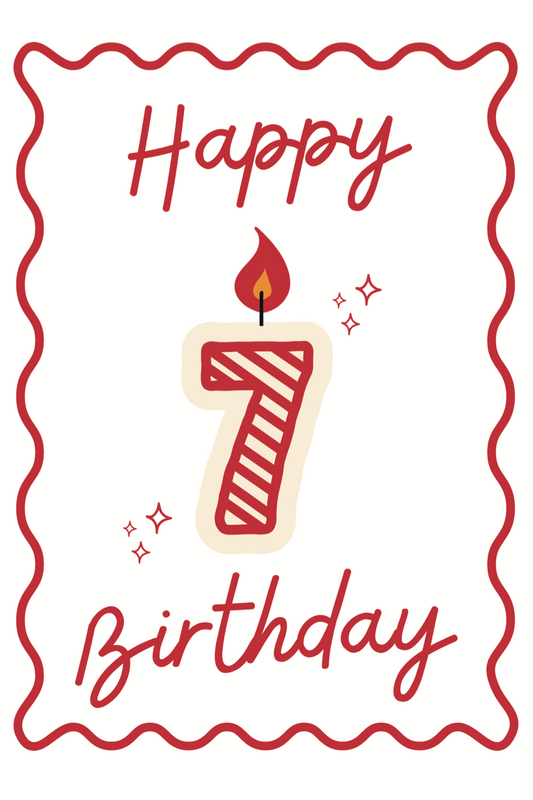 Happy 7th birthday card with a number 7 candle on a white background