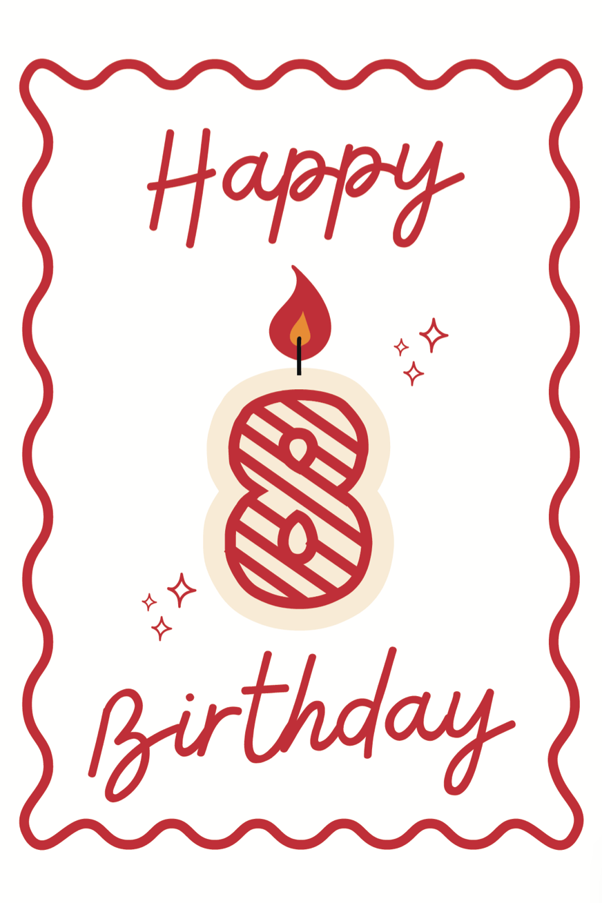 Happy 8th birthday card with a candle and number 8 on a white background