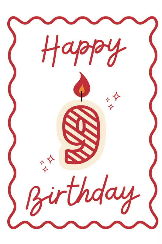 Happy 9th birthday card with a candle and red border on a white background