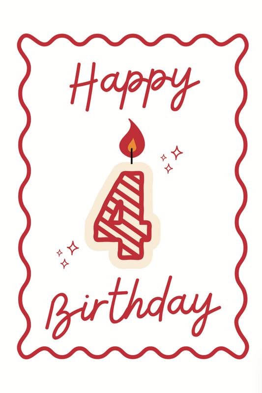 Happy Birthday card with a number four candle on a white background