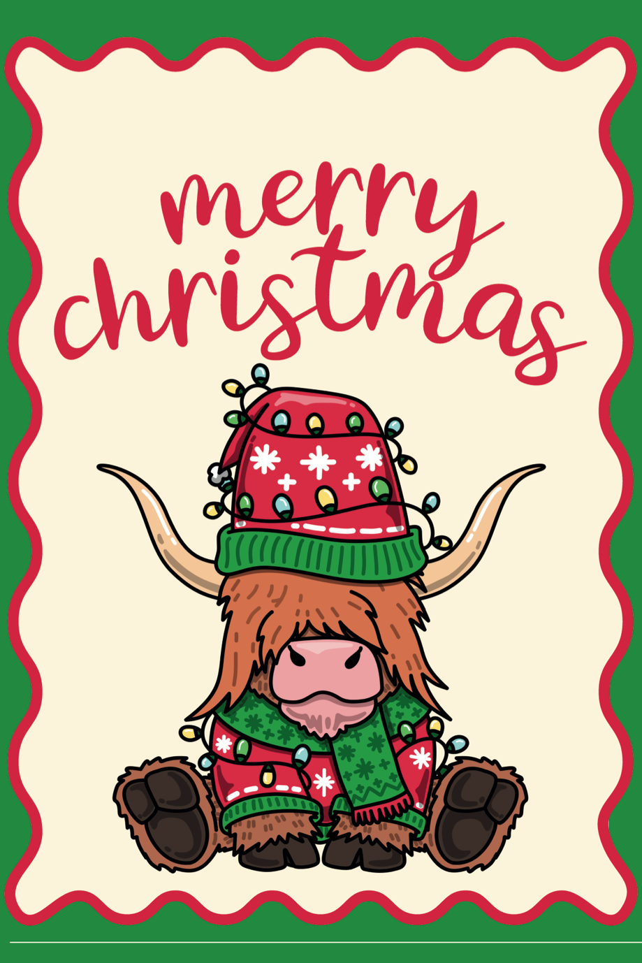 Front of a card with a longhorn bull in a an ugly Christmas sweater with a tangle of Christmas lights. Merry christmas written in red with a squiggle line trim around the edge. 
