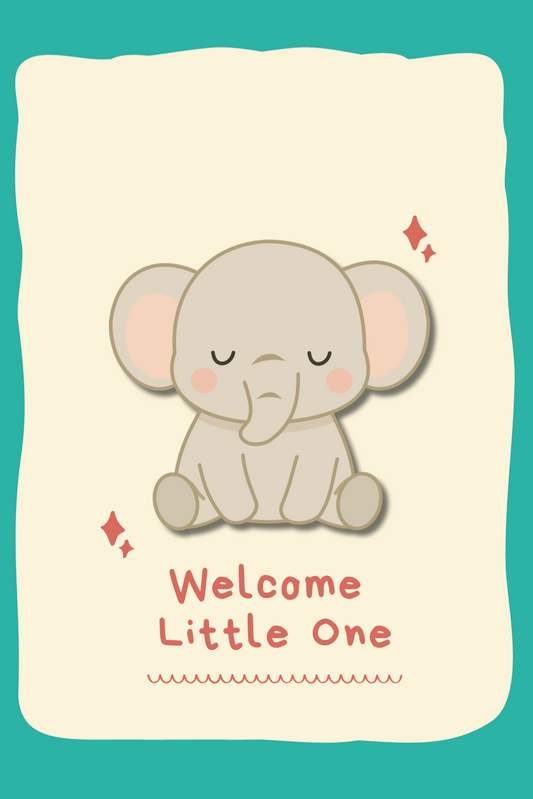 Card with a cute elephant illustration and 'Welcome Little One' text on a teal background
