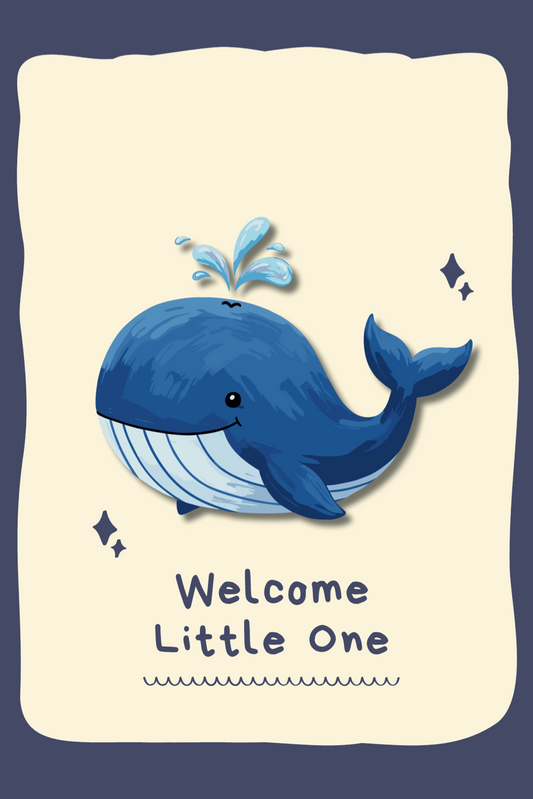 Illustration of a blue whale with 'Welcome Little One' text on a cream background