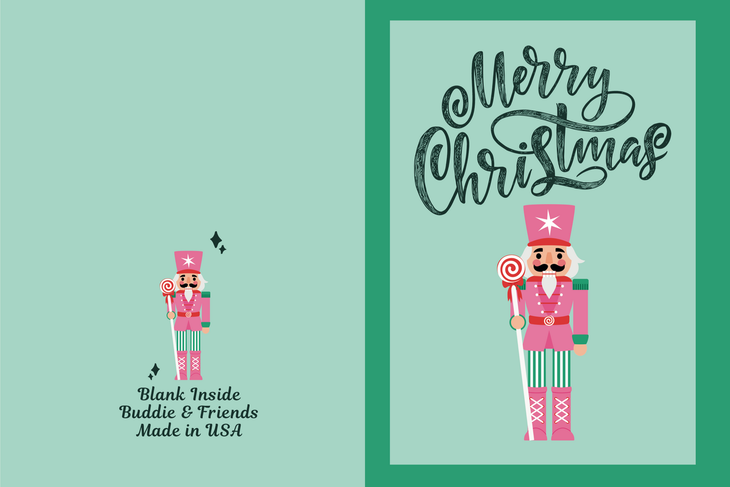 Green and Pink Greeting card with a pink nutcracker and red and black colors saying Merry Christmas