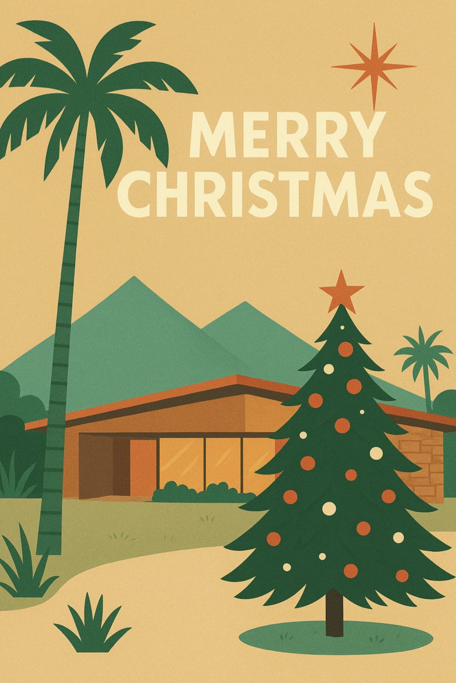 an image of the front of a greeting card with a mid century modern house palm trees and a Christmas tree in muted desert tones