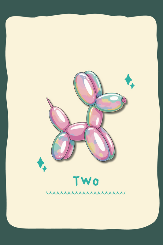 Balloon dog design on a beige background with the number 'Two'.