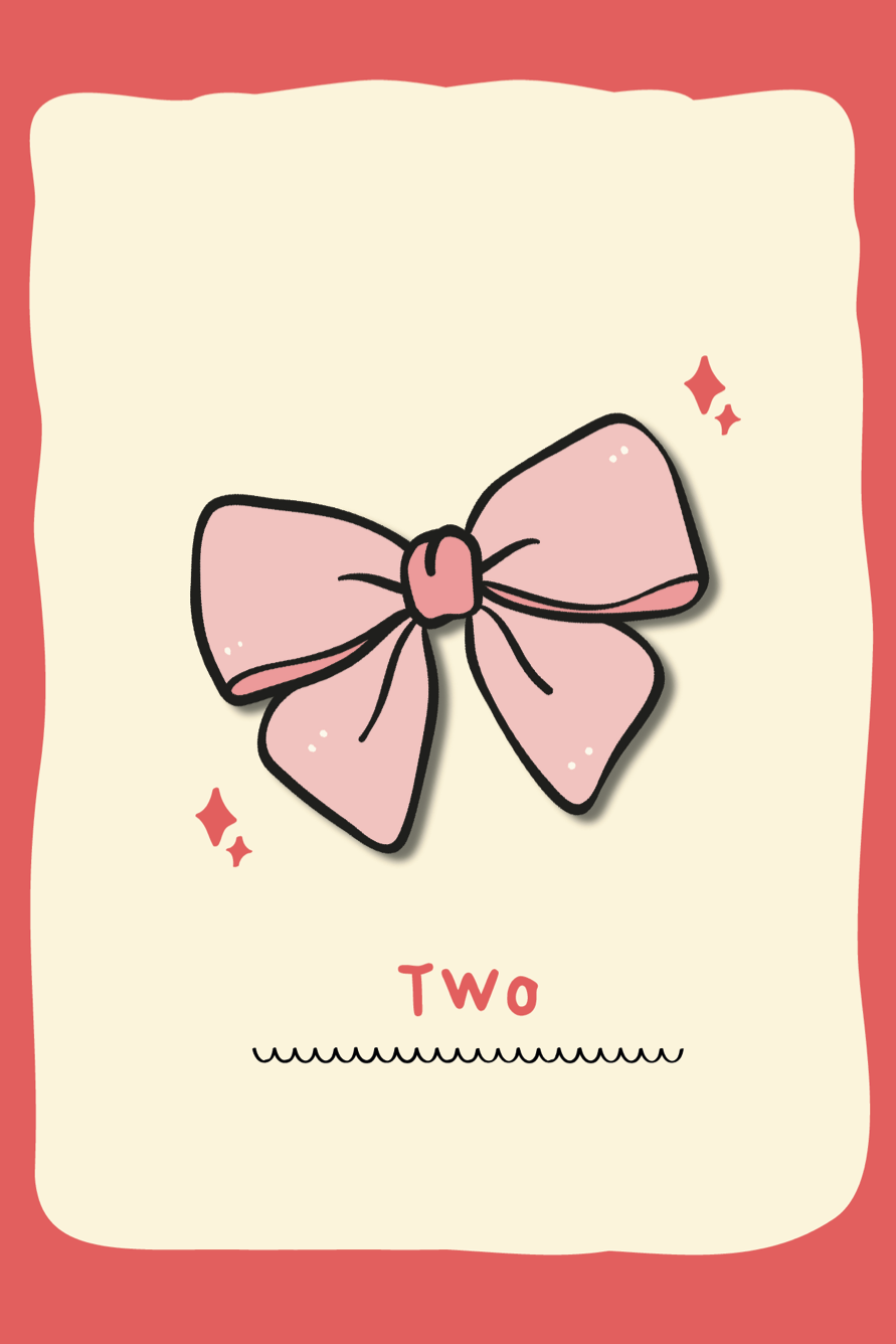 Card with a pink bow and the number 'Two' on a red and beige background