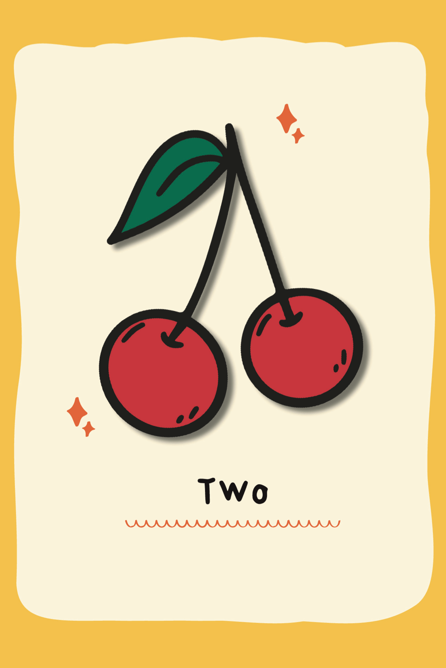 Illustration of two cherries on a beige background with the number 'Two'.
