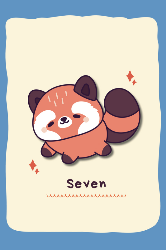 Illustration of a red panda with the number 'Seven' on a blue background