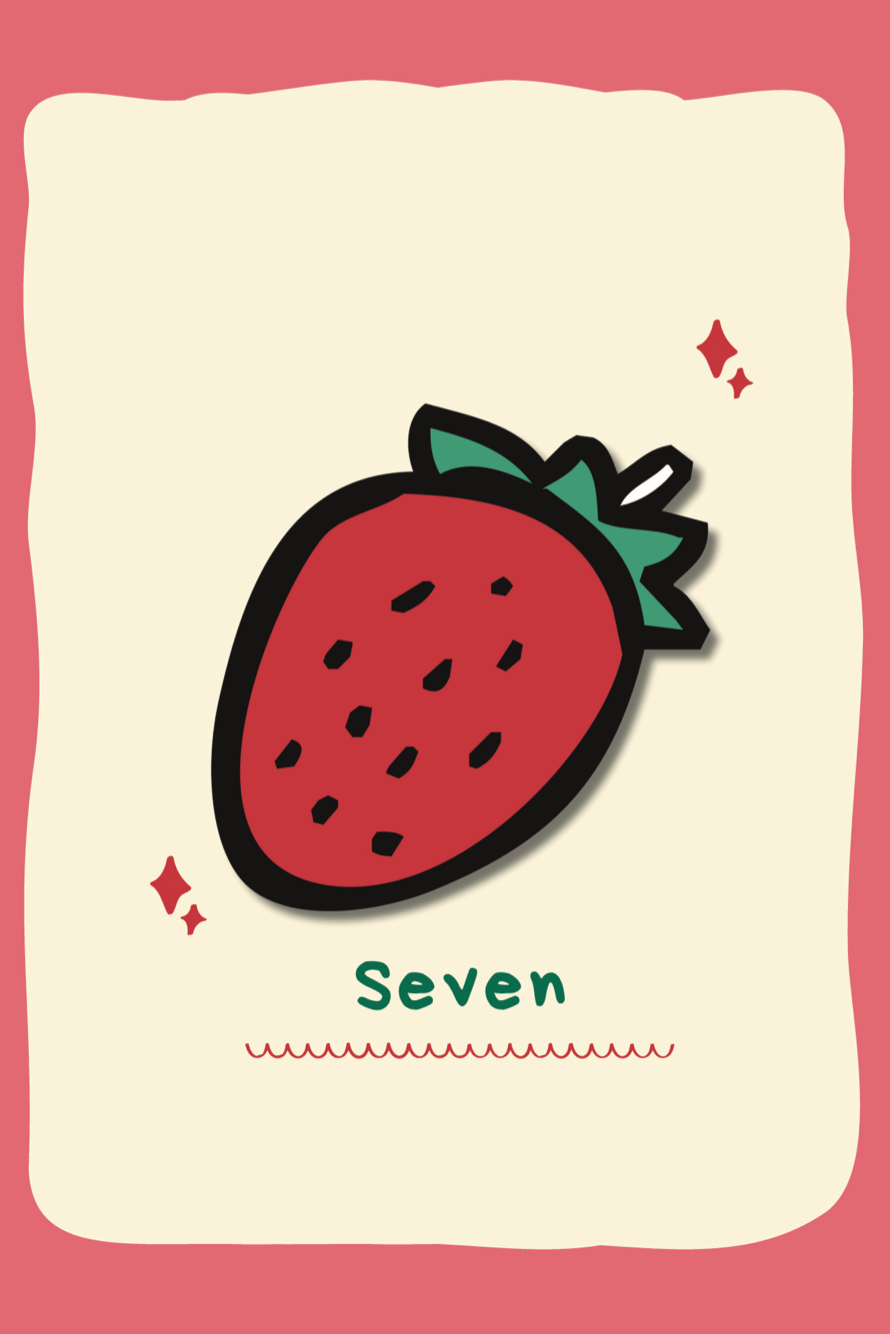 Illustration of a strawberry with the number 'Seven' on a pink background