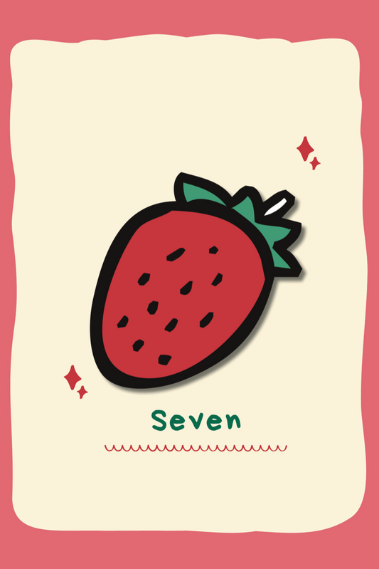 Illustration of a strawberry with the number 'Seven' on a pink background