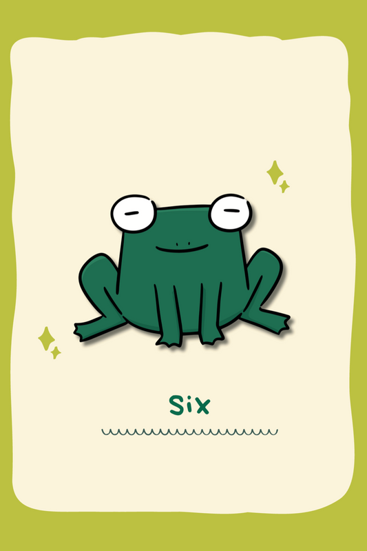 Illustration of a green frog with googly eyes on a beige card against a green background