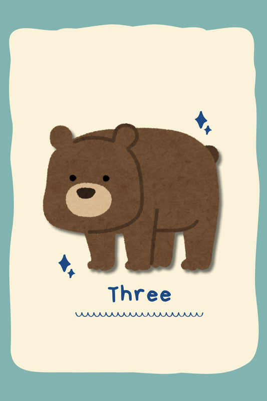 Card with a bear illustration and the word 'Three' on a light blue background