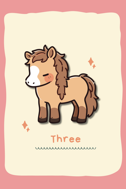 Cartoon horse on a pink background with the word 'Three'.