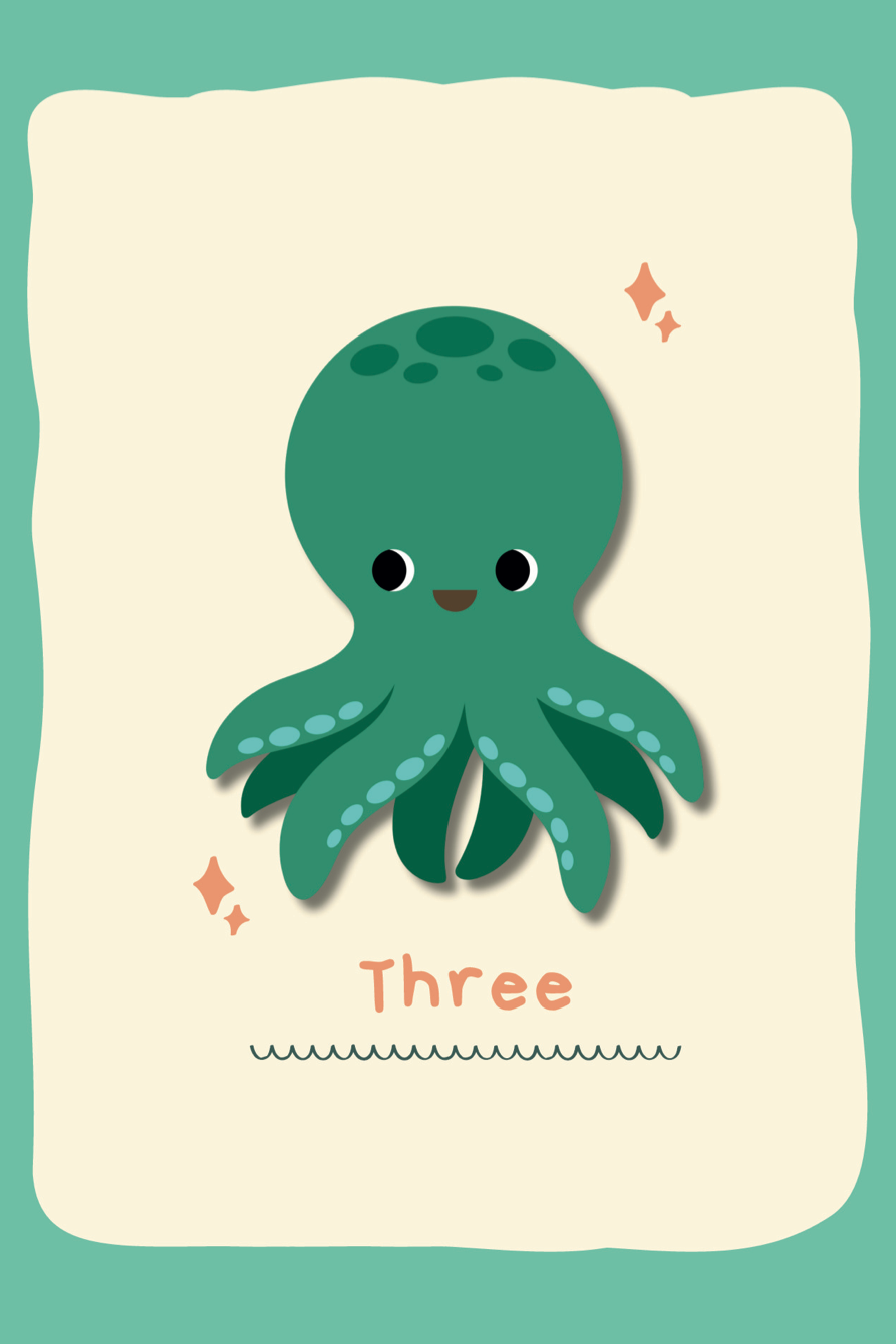 Illustration of a green octopus on a white card with 'Three' written below, against a teal background.